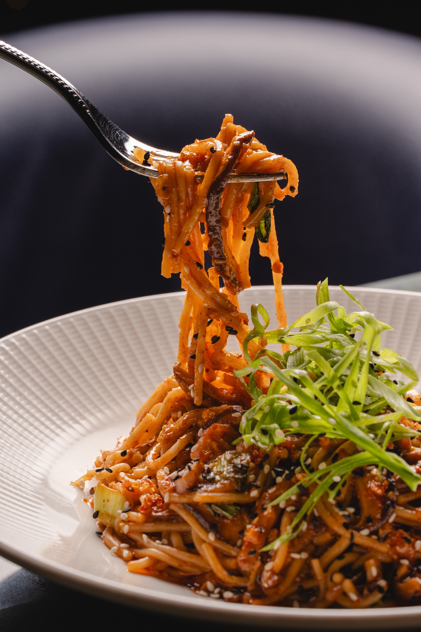 Sauced noodles lifted from the plate by a fork